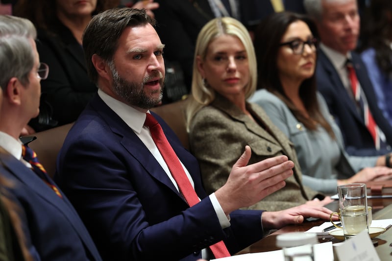 Vice President JD Vance delivers remarks during a Cabinet meeting with President Donald Trump at the White House on October 09, 2025 where he joked about Minority Leader Schumer as