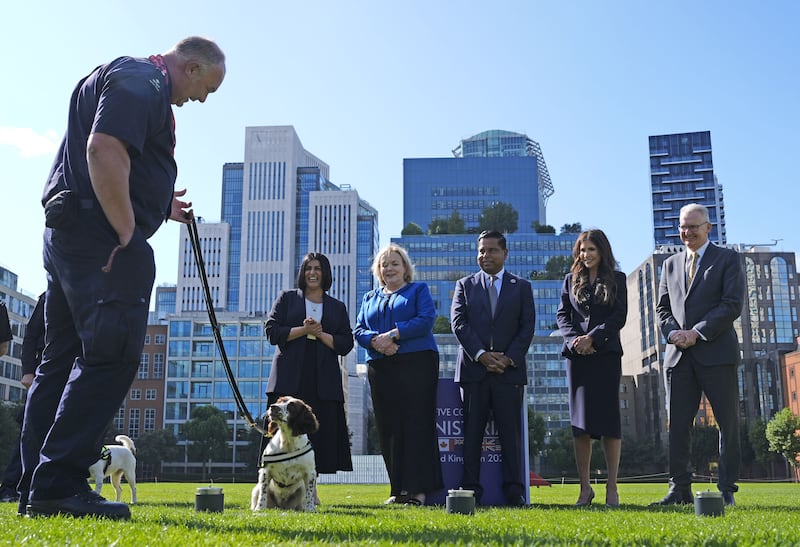 Home Secretary Shabana Mahmood, New Zealand minister Judith Collins, Minister of Public Safety of Canada Gary Anandasangaree, US Secretary of Homeland Security Kristi Noem and Minister for Home Affairs of Australia Tony Burke watch sniffer dog training at a Five Country Ministerial meeting at the Honourable Artillery Company, Armoury House, in the City of London.