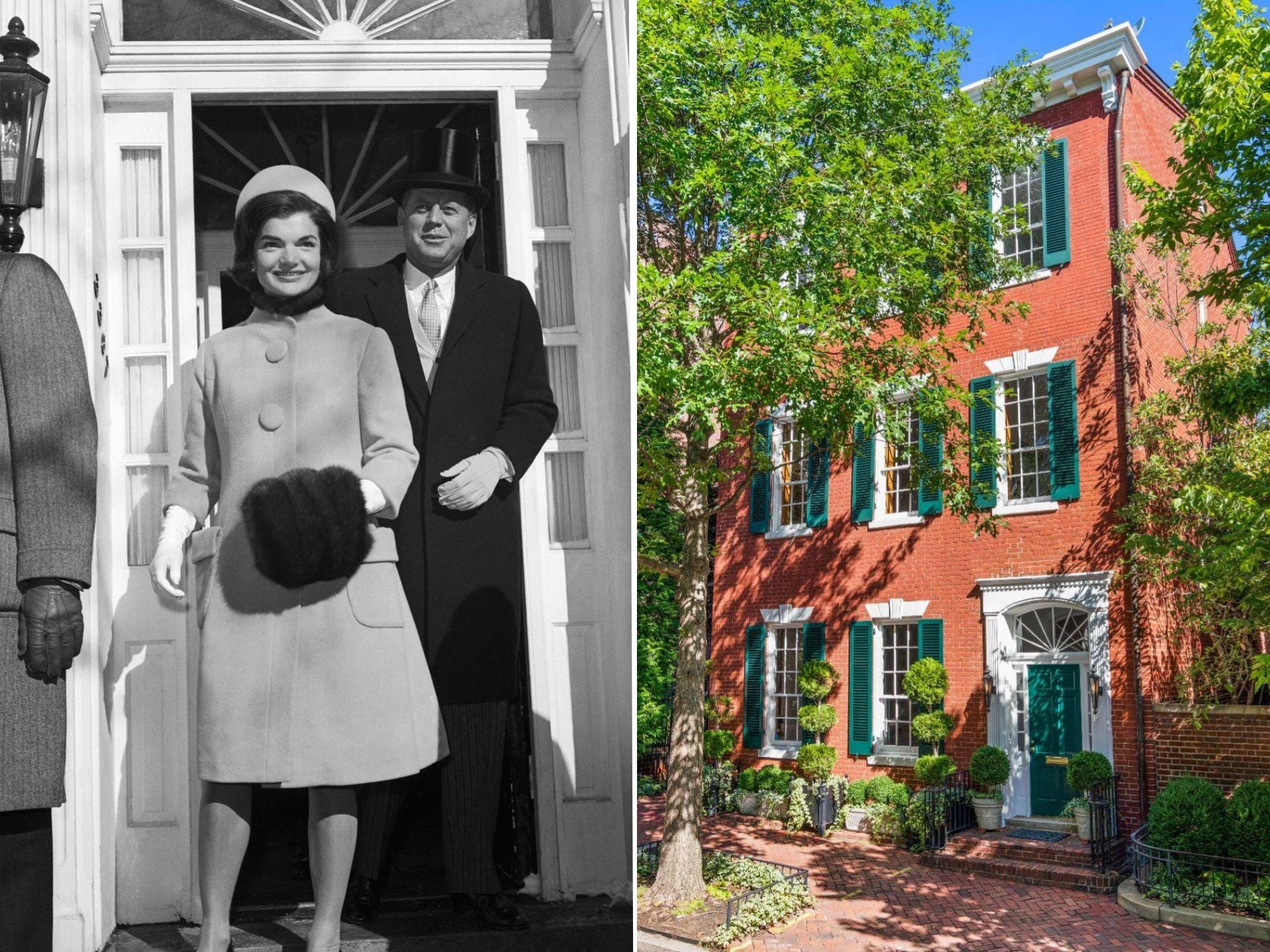 Jackie and John F. Kennedy leaving their home (left) and a townhome in Washington, DC (right).