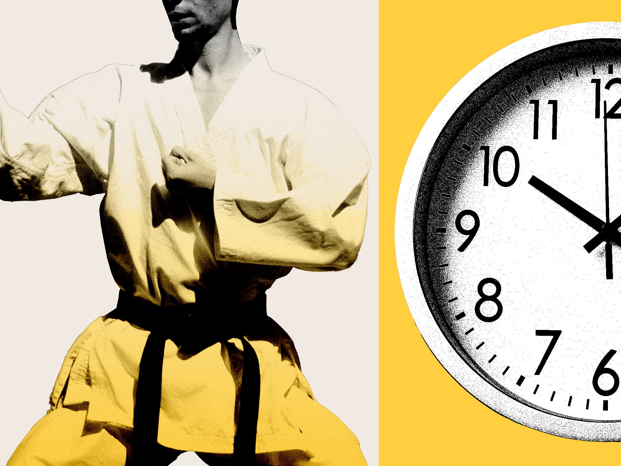 a man doing jiu-jitsu on the left and a clock on the right