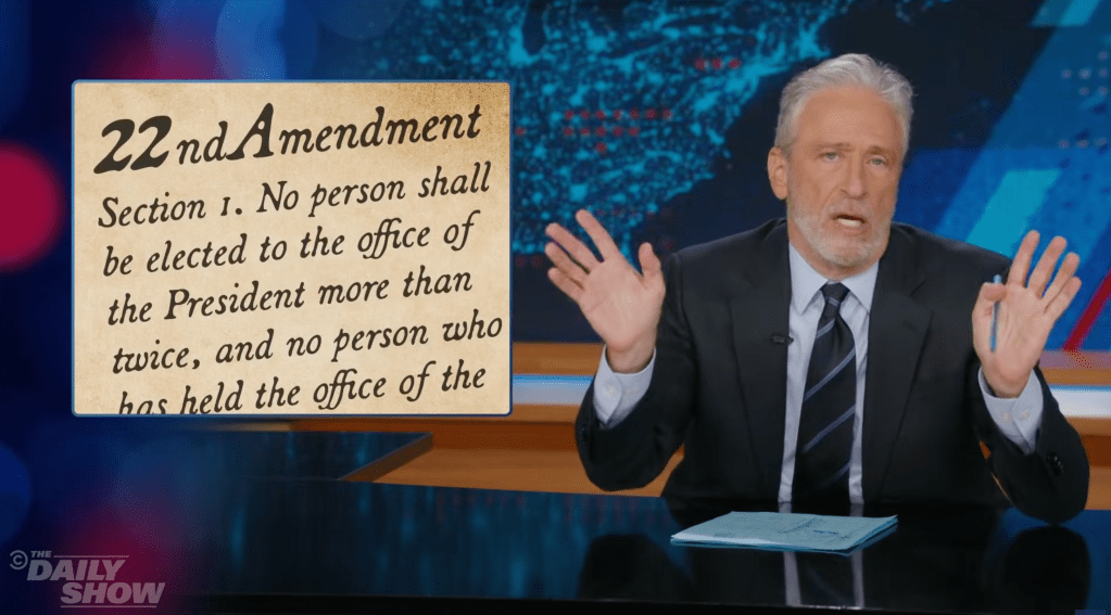 Jon Stewart Rings The Alarm Amid Trump Saying He’d “Love To” Run For Third Term: “He Already Has The Merch”