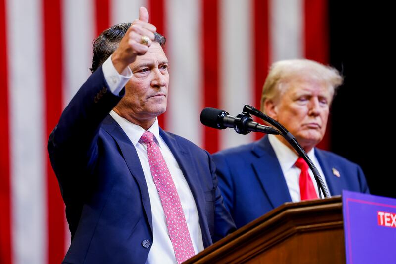 Rep. Ronny Jackson (R-TX) speaks on the stage with Donald Trump at a rally at the Brick Breeden Fieldhouse at Montana State University on August 9, 2024 in Bozeman, Montana.