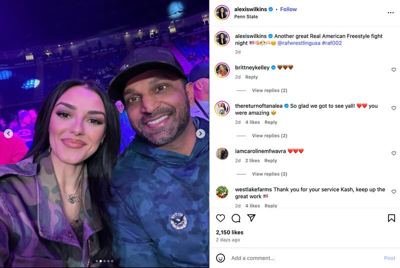 Alexis Wilkins' Instagram post with Kash Patel at the Real American Freestyle wrestling event at Penn State