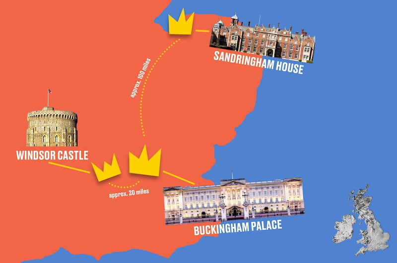 Illustrated map showing Windsor Castle, Buckingham Palace, and Sandringham House in the United Kingdom