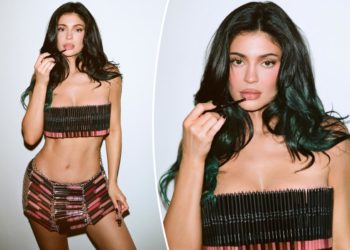 Kylie Jenner poses in racy look made entirely out of lip kits to mark beauty brand’s 10th anniversary