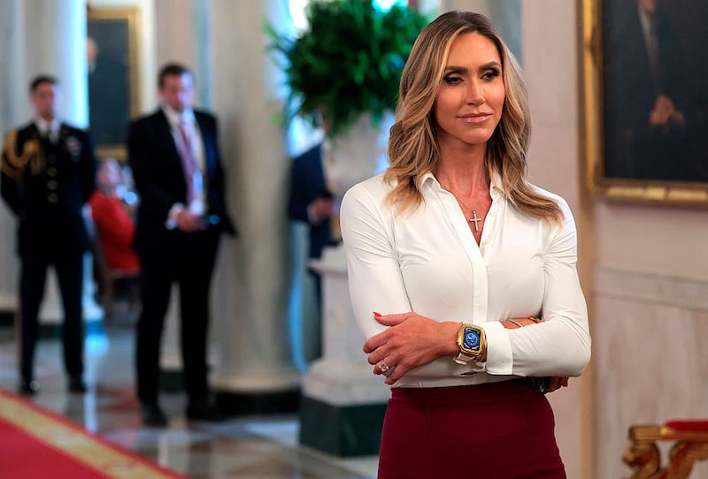 Lara Trump, co-chair of the Republican National Committee, attends the signing ceremony for the “GENIUS Act” in the East Room of the White House July 18, 2025 in Washington, DC. The act, formally known as the Guiding and Establishing National Innovation for U.S. Stablecoins Act, was passed this week by the U.S. Congress