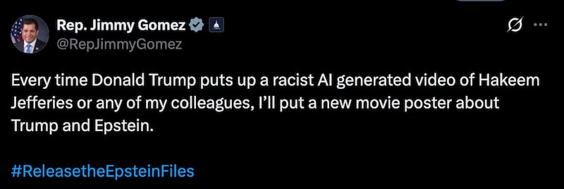 Jimmy Gomez's tweet pledging ongoing retribution on Trump.