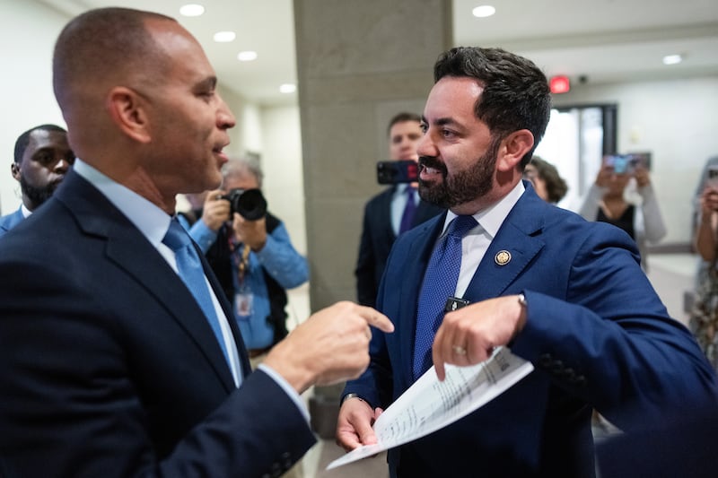 Rep. Mike Lawler confronted House Minority Leader Hakeem Jeffries about his one-year extension of the Affordable Care Act tax credits outside this press conference on October 8, 2025.