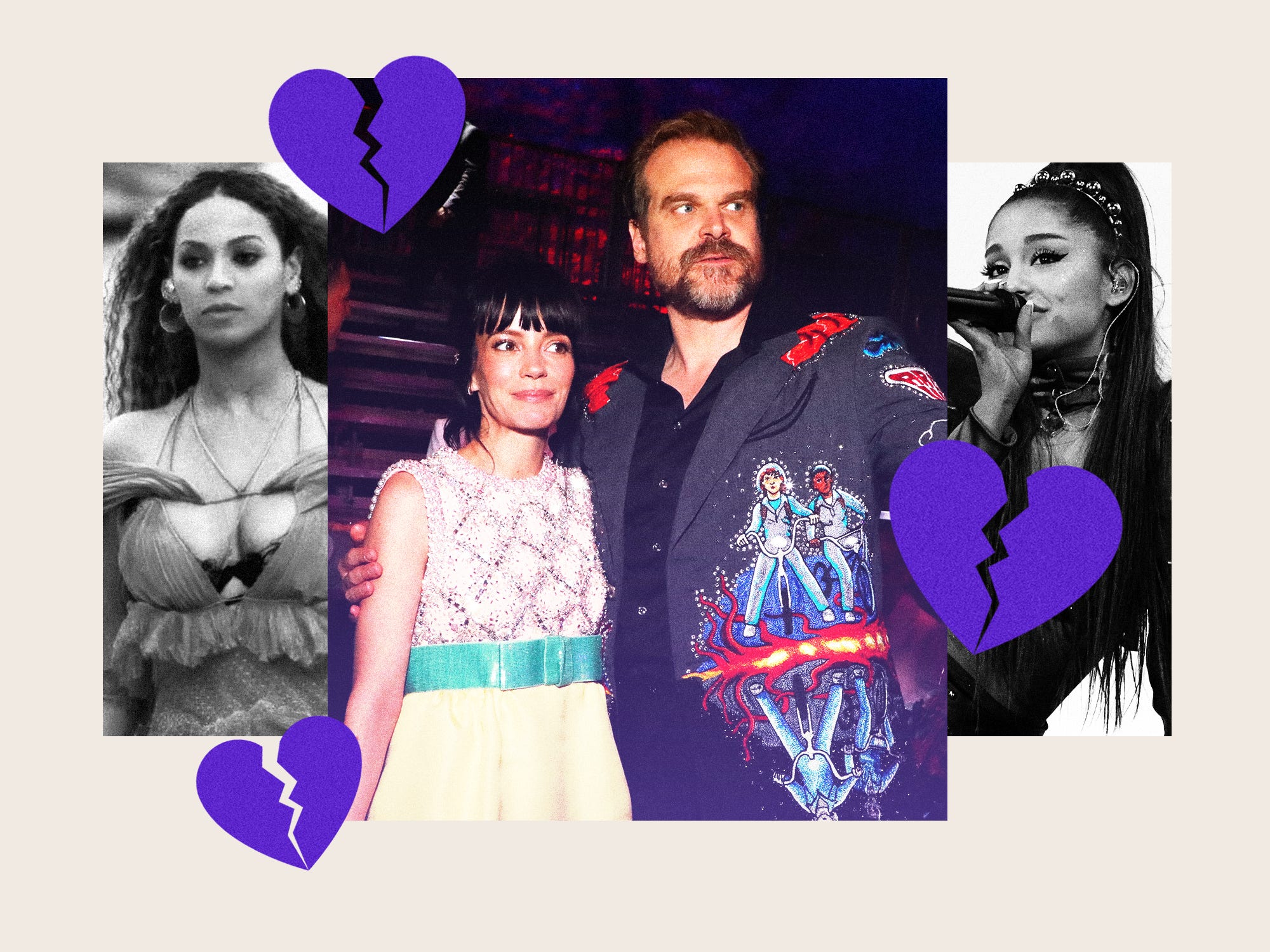 A photo collage featuring Beyonce, Lily Allen, David Harbour, and Ariana Grande
