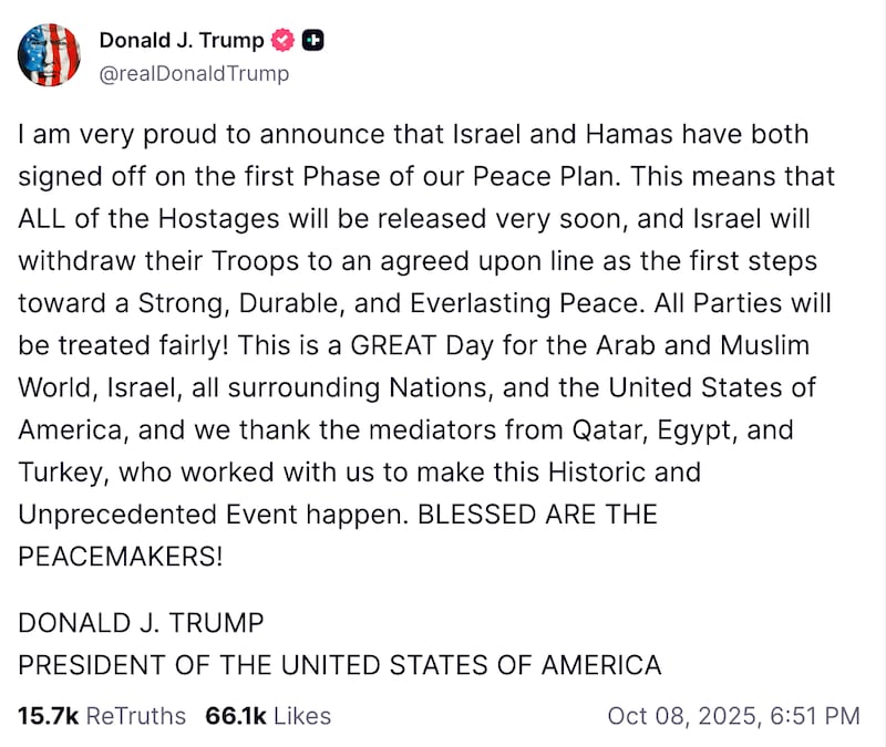 Trump's Truth Social post announcing that Israel and Hamas signed off on phase one of the President's ceasefire deal.