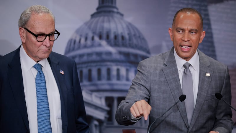 WASHINGTON, DC - SEPTEMBER 29: Senate Minority Leader Charles Schumer (D-NY) (L) and House Minority Leader Hakeem Jeffries (D-NY) talk to reporters at the U.S. Capitol on September 29, 2025 in Washington, DC. Schumer, Jeffries, Senate Majority Leader John Thune (R-SD) and Speaker of the House Mike Johnson (R-LA) met with President Donald Trump earlier in the day at the White House to try and avoid a government shutdown at midnight September 30.