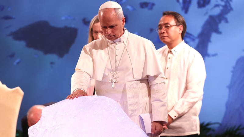 CASTELGANDOLFO, ITALY - 2025/10/01: Pope Leo XIV blesses a piece of the glacier from Greenland during the international conference. Pope Leo XIV takes part in the *