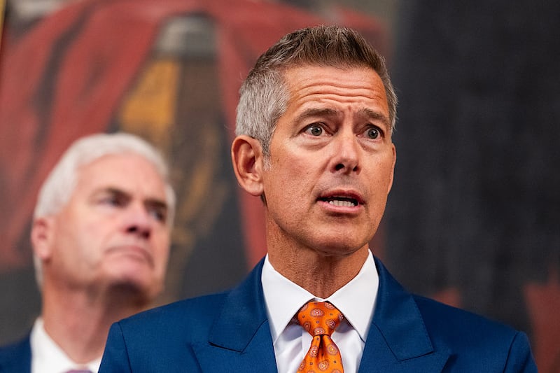 U.S. Secretary of Transportation Sean Duffy speaks alongside Representative Tom Emmer (R-MN) during a press conference on air traffic controller pay and the government shutdown at the U.S. Capitol on October 23, 2025 in Washington, DC.
