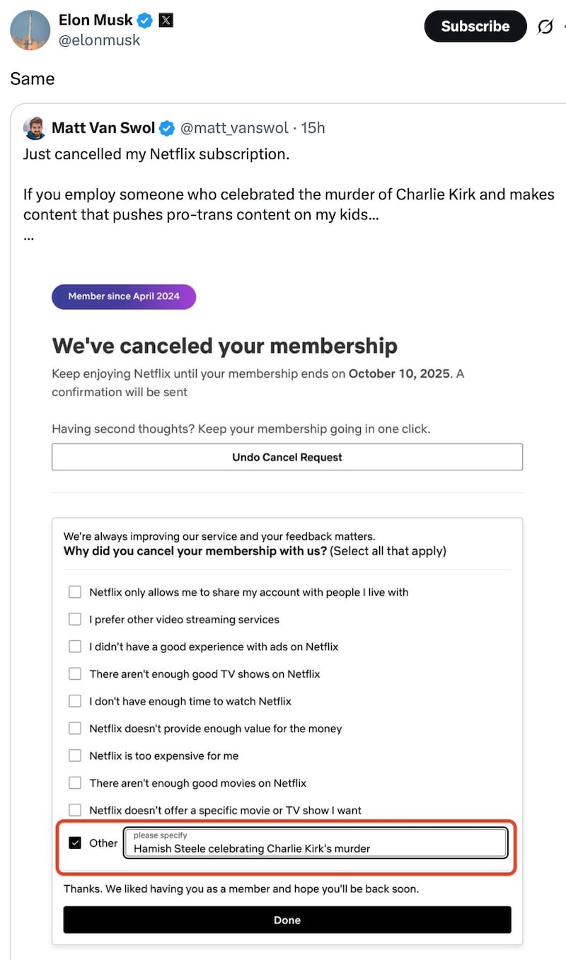 Elon Musk says he has cancelled his Netflix subscription.