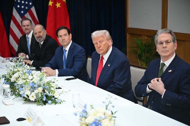 Treasury Secretary Scott Besent, right, joined President Donald Trump in discussions with Chinese officials in South Korea. Also pictured, from left to right, are Trade Representative Jamieson Greer, Secretary of Commerce Howard Lutnick, and Secretary of State Marco Rubio.