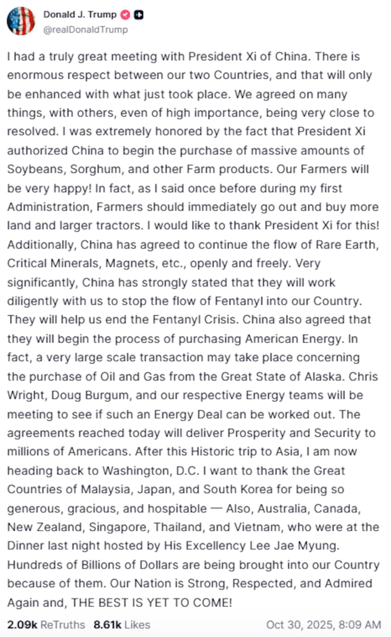 Trump announced a trade deal with China following an "amazing" meeting with President Xi.