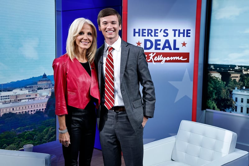 NEW YORK, NEW YORK - SEPTEMBER 11: Fox anchor Kellyanne Conway and Brilyn Hollyhand, RNC Chairman of Youth Advisory Council pose during an appearance on 