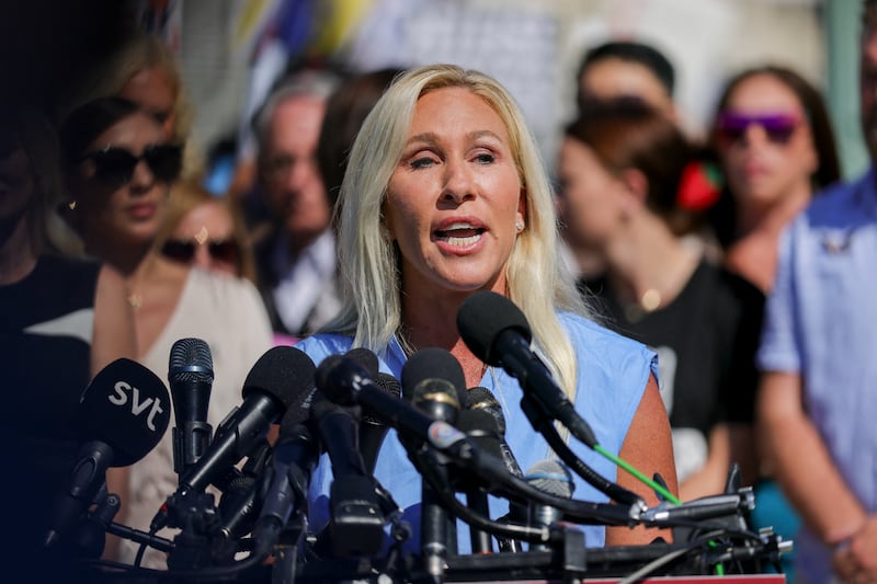 U.S. Representative Marjorie Taylor Greene (R-GA) speaks at a press conference alongside alleged victims of Jeffrey Epstein at the U.S. Capitol in Washington, D.C. on September 3, 2025, announcing the Epstein Files Transparency Act, which calls for the release of all unclassified documents in the Jeffrey Epstein case. (Photo by Bryan Dozier / Middle East Images via AFP) (Photo by BRYAN DOZIER/Middle East Images/AFP via Getty Images)