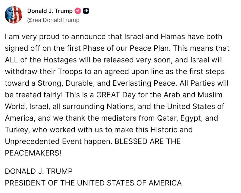 The Truth Social post that Trump approved after a chat with Marco Rubio.