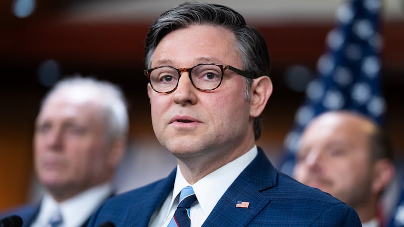 Speaker of the House Mike Johnson conducts a news conference in the Capitol Visitor Center on the government shutdown on Thursday, October 16, 2025.