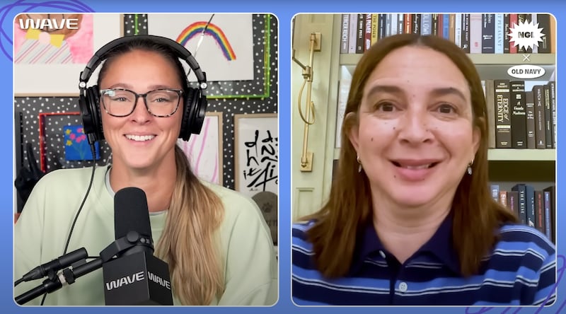 Screenshot from "Not Gonna Lie with Kylie Kelce" featuring Kylie Kelce (left) and Maya Rudolph (right)