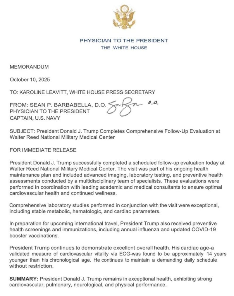 Medical report on President Donald Trump's health released to the White House Press Secretary by Physician Sean Barbabella.