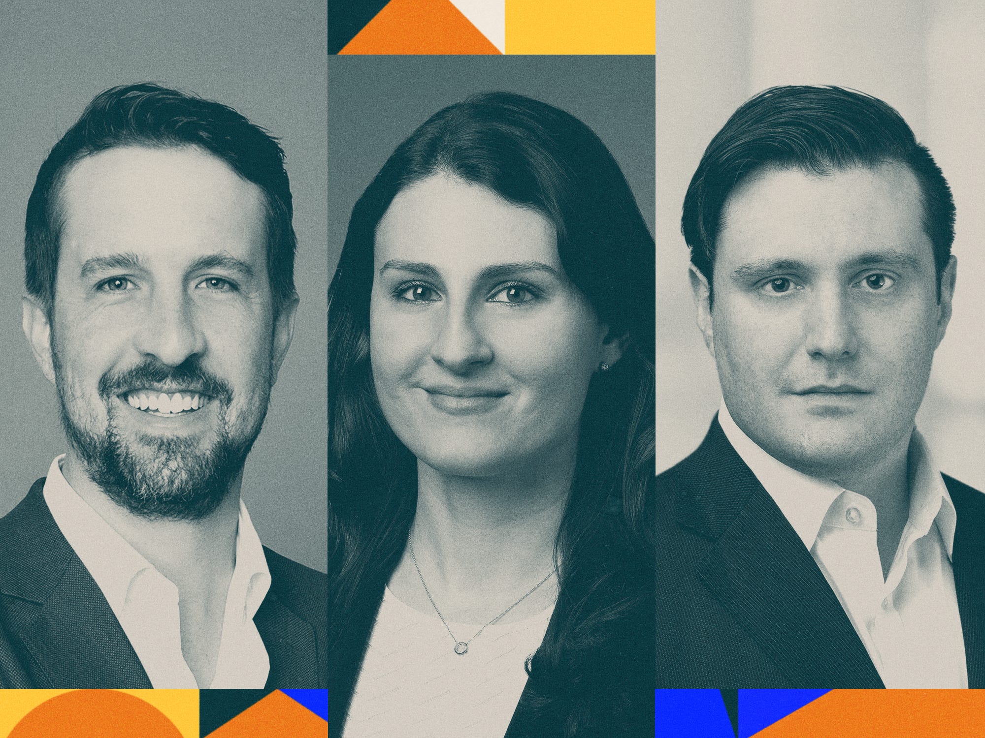 Photo collage featuring Wall Street's rising stars of 2024 (Jack Levendoski, Mary-Grace Papatheodorou, and Josef Menasche)