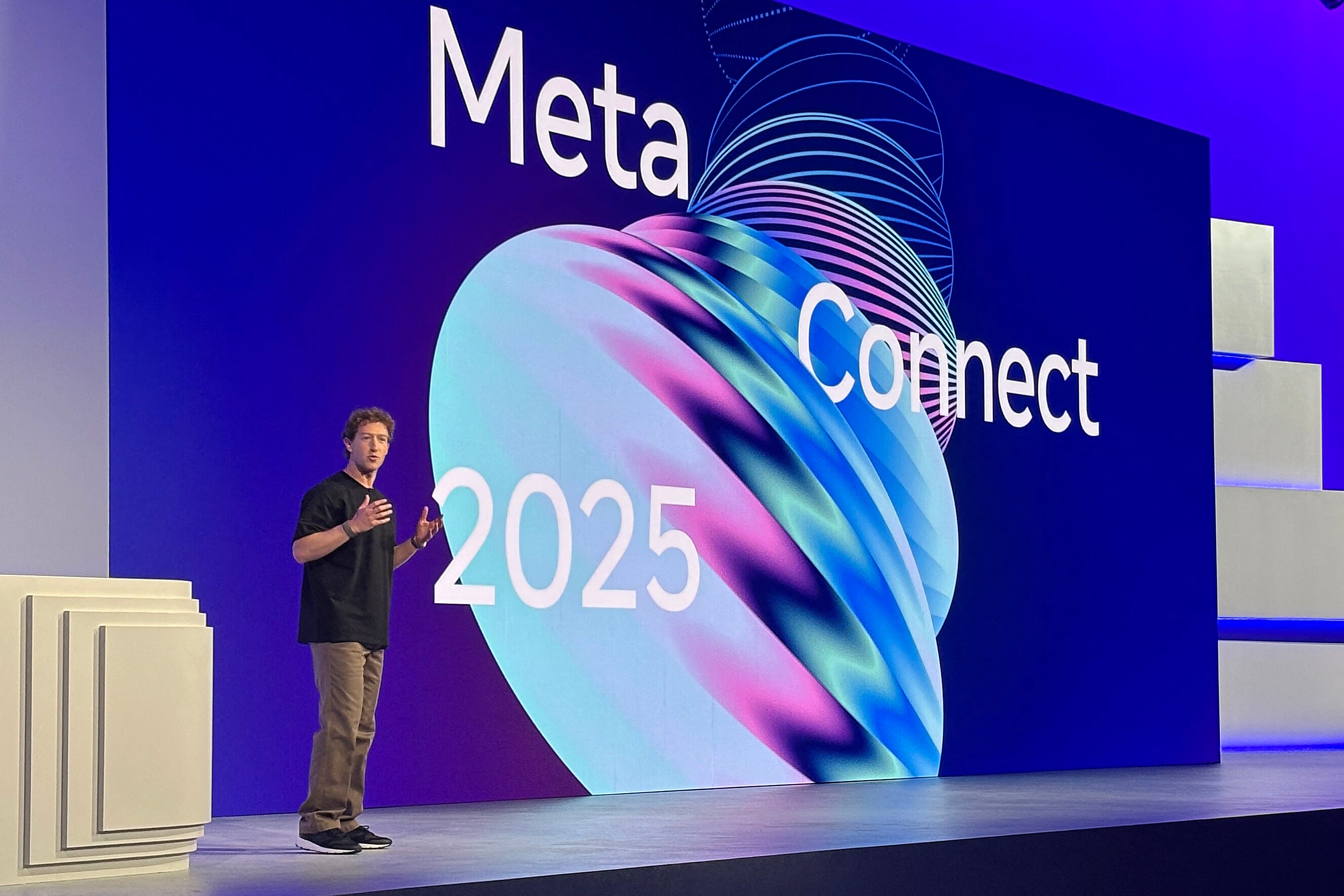 Meta CEO Mark Zuckerberg speaks on stage in front of a screen that says Meta Connect 2025