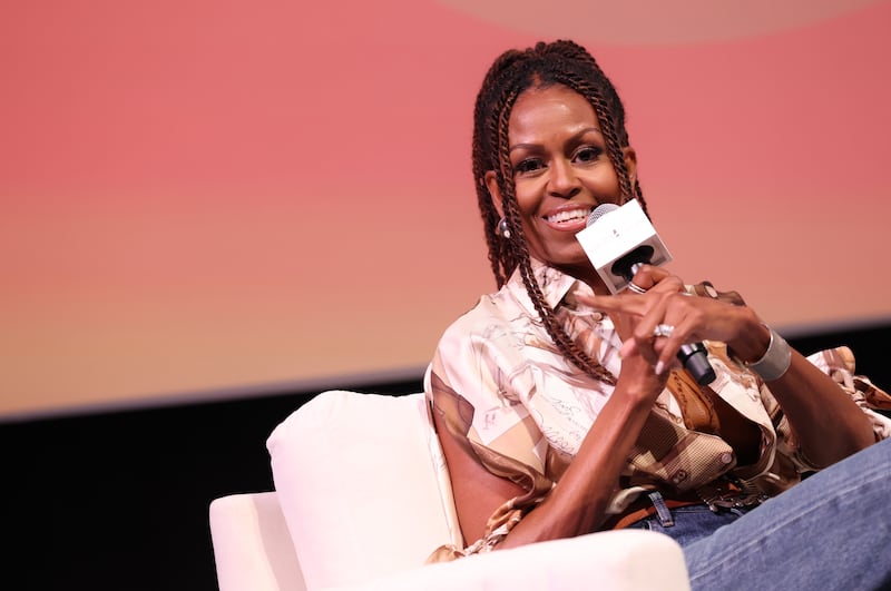 Michelle Obama wears braids for a podcast recording in Martha's Vineyard on August 9, 2025.