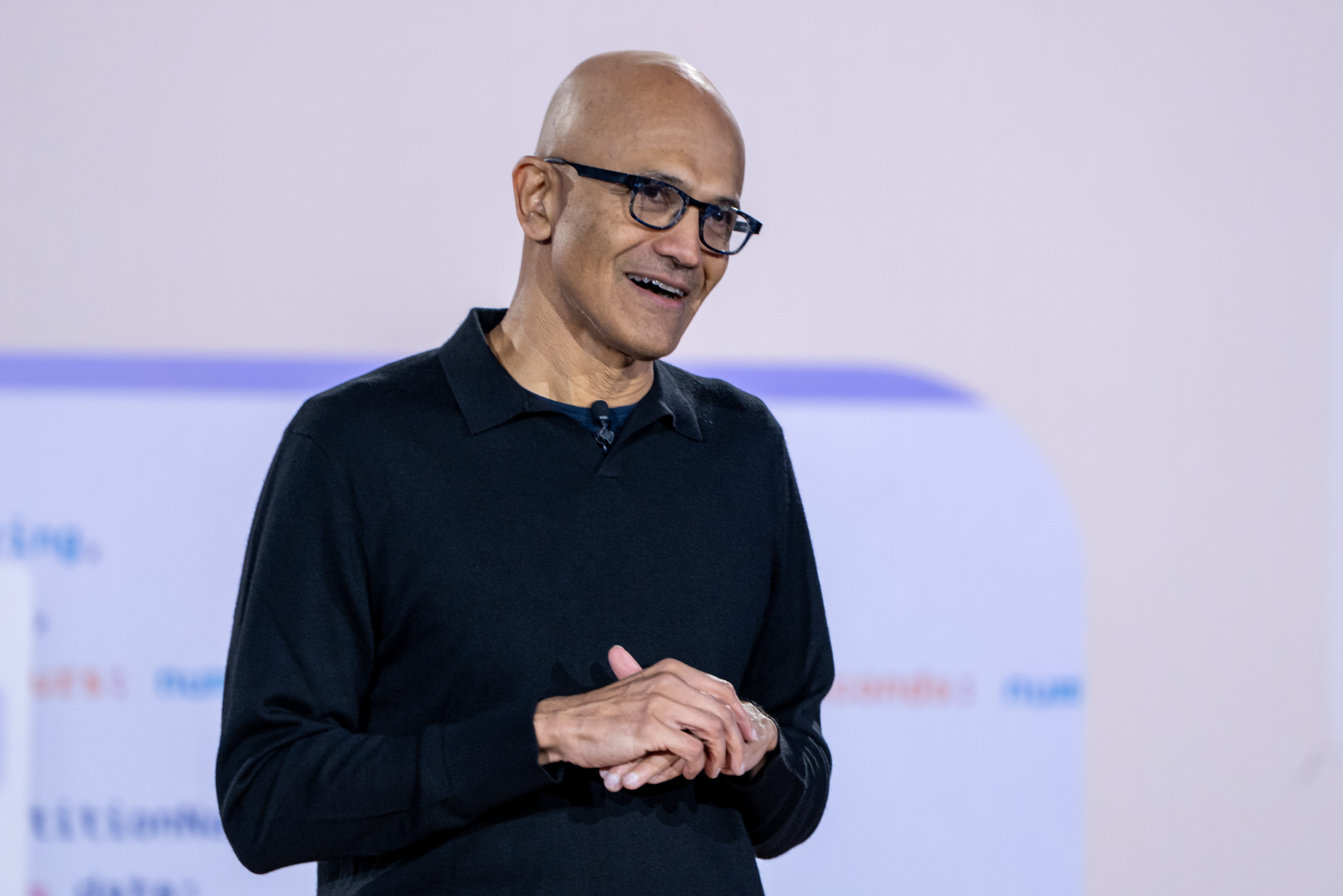 Microsoft CEO Satya Nadella speaking at a Microsoft event in Redmond, Washington.