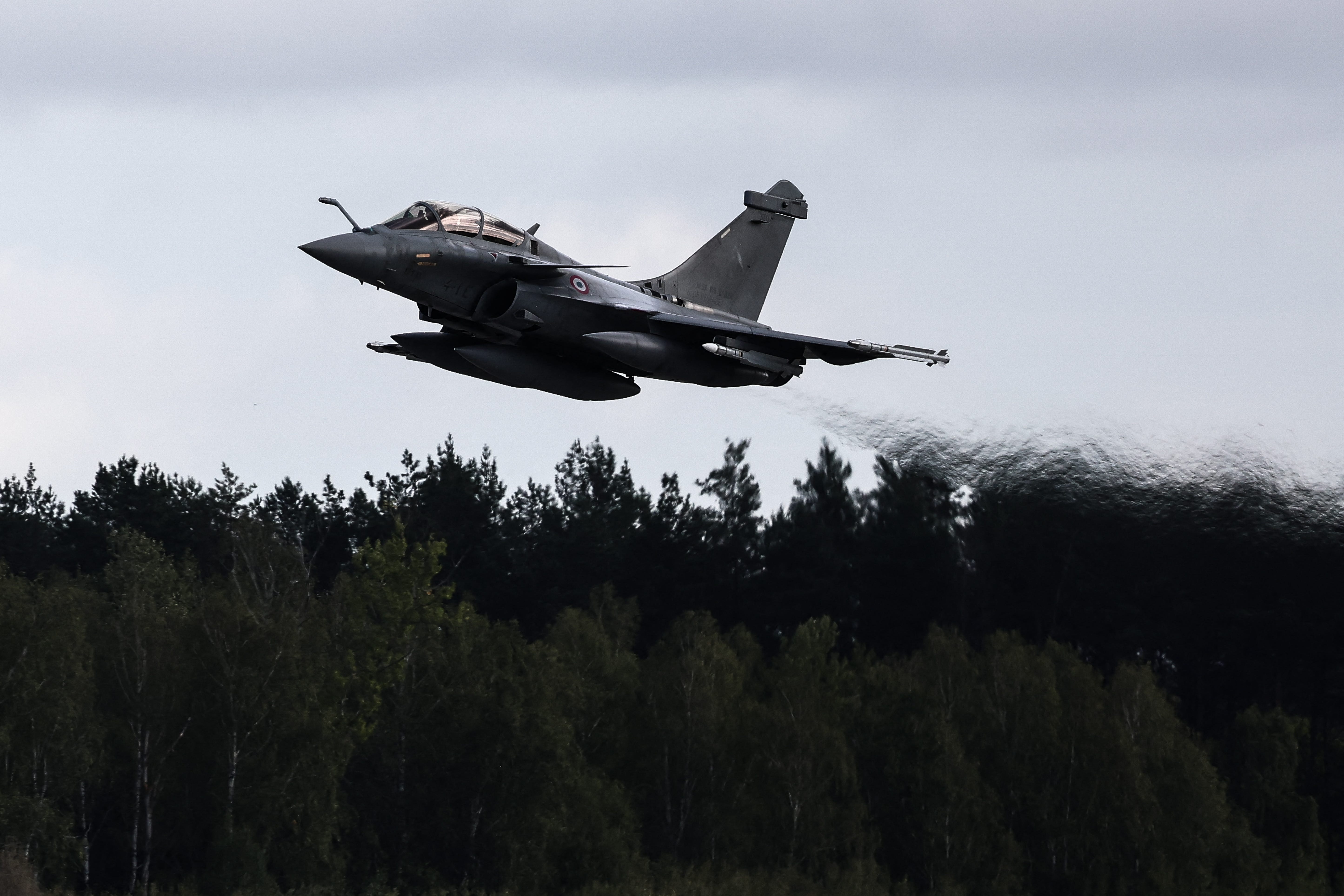 A French Rafale fighter jet takes off during a joint mission with Polish F16s at an air base in Minsk Mazowiecki on September 17, 2025.