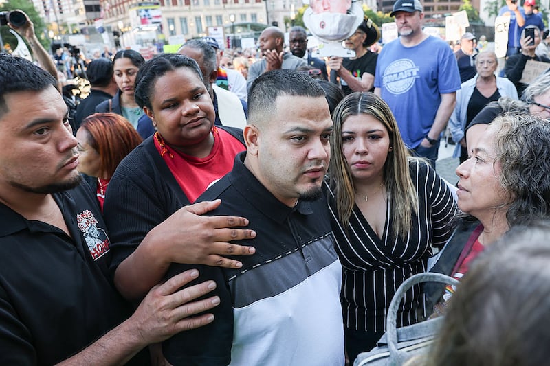 Kilmar Abrego Garcia and his wife Jennifer Vasquez Sura enter a U.S. Immigration and Customs Enforcement (ICE) field office on August 25, 2025 in Baltimore, Maryland. The U.S. Government is threatening to deport Garcia, a Maryland construction worker from El Salvador, to Uganda after he rejected a plea deal to be charged with Human Smuggling and deported to Costa Rica. Earlier this year Garcia was wrongfully deported to a notorious anti-terrorism prison CECOT in El Salvador. (Photo by Anna Moneymaker/Getty Images)