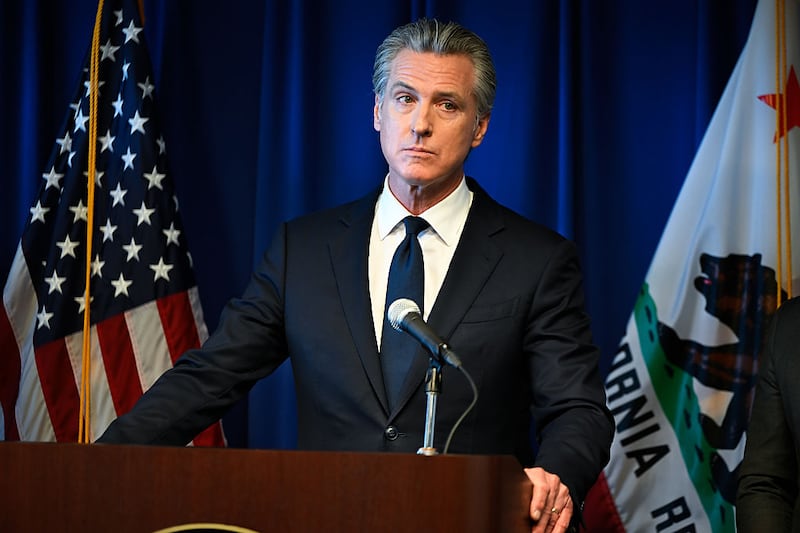 Governor Gavin Newsom speaks during a press conference about 'legal action against Trump administration' at the Office of the Attorney General in Sacramento, California, United States on October 28, 2025.