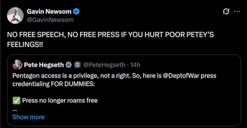 Newsom mocks Pete Hegseth.