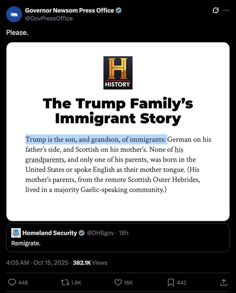 Gavin Newsom's press office responds to the DHS's incendiary tweet.