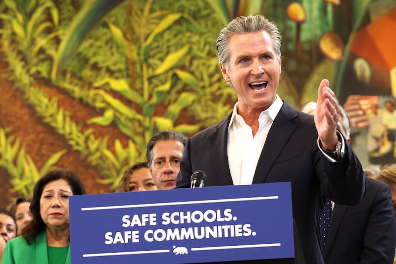 California Governor Gavin Newsom speaks before signing a package of immigration bills at Contreras High School in Los Angeles on September 20, 2025.
