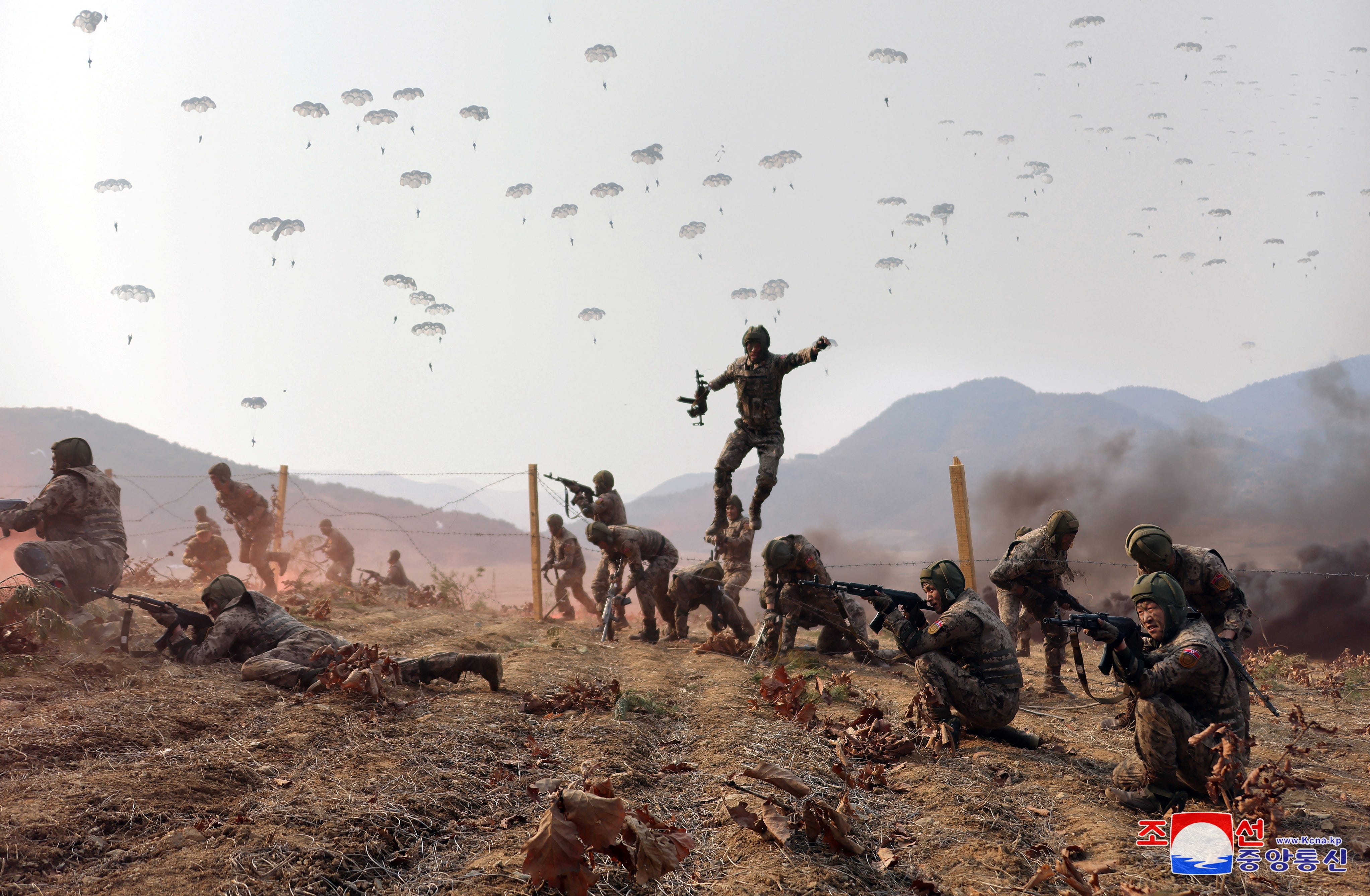 Soldiers participate in a demonstration during the training of the Korean People's Army's air and amphibious combat units, in this picture released on March 16, 2024, by the Korean Central News Agency.