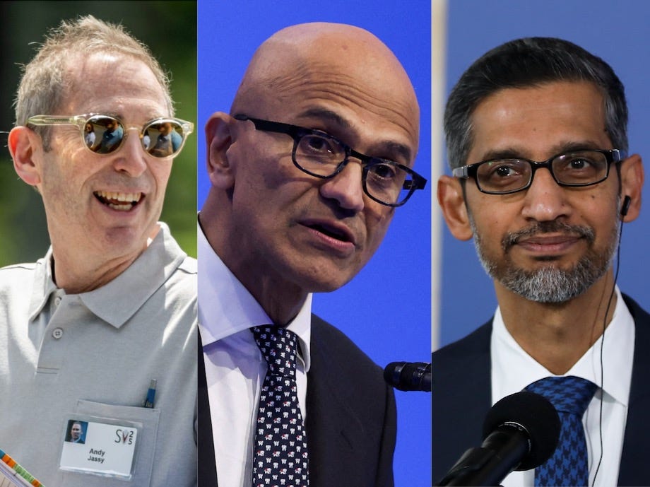 Amazon CEO Andy Jassy (left), Microsoft CEO Satya Nadella (center), and Google CEO Sundar Pichai (right)