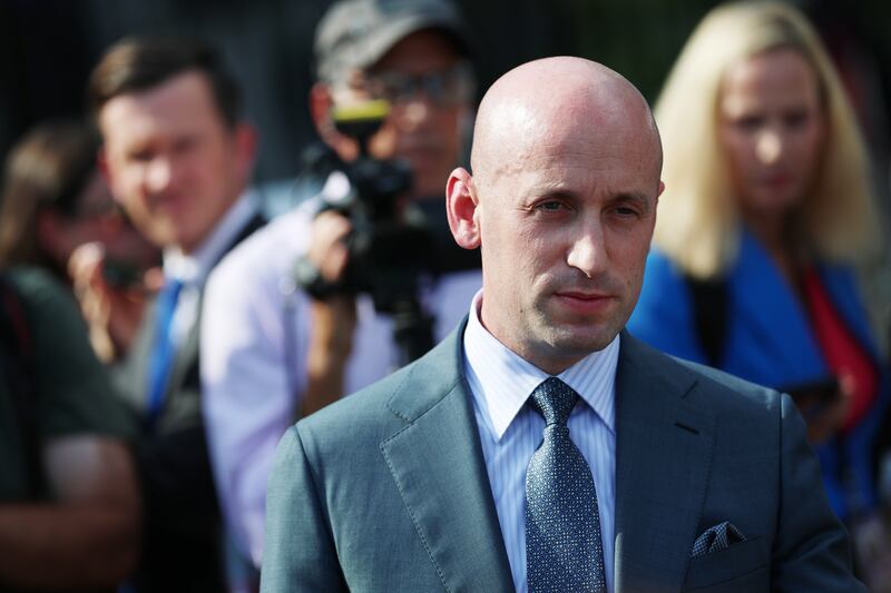WASHINGTON, DC - OCTOBER 06: Deputy White House Chief of Staff Stephen Miller speaks to reporters outside of the White House on October 06, 2025 in Washington, DC.