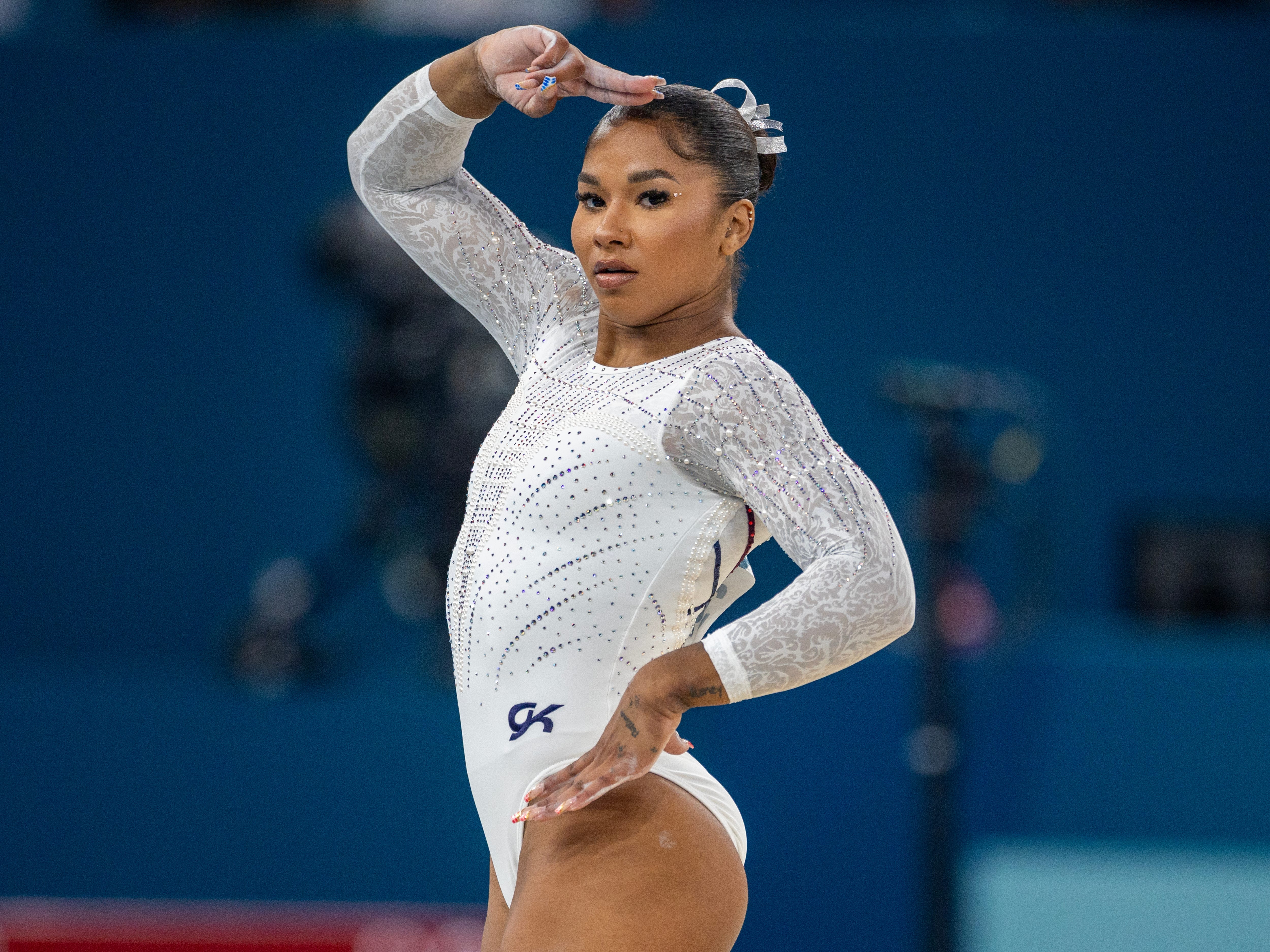 US gymnast Jordan Chiles is performing her routine during the Artistic Gymnastics Women's Floor Final at the Olympics.