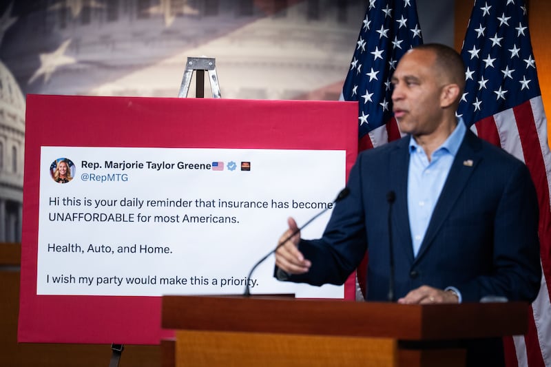 House Minority Leader Hakeem Jeffries conducts a news conference, while highlighting a social media post from Rep. Marjorie Taylor Greene about the cost of health insurance, in the Capitol Visitor Center in Washington D.C. on October 7, 2025.