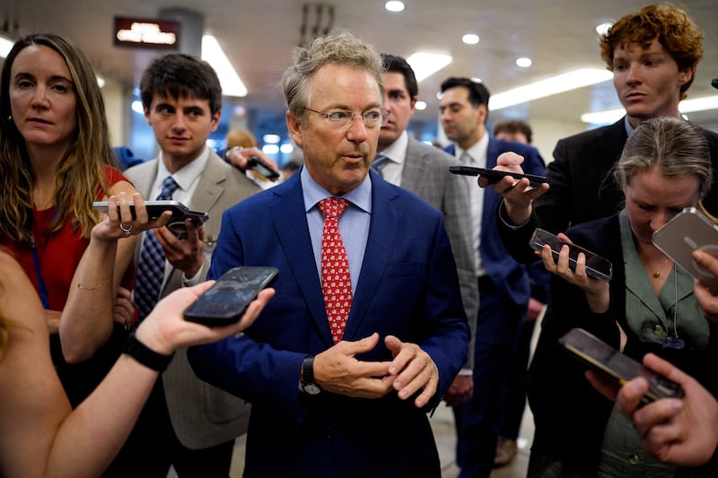 WASHINGTON, DC - JUNE 4: Sen. Rand Paul (R-KY) speaks to reporters at the U.S. Capitol Building on June 4, 2025 in Washington, DC. For a second day, Elon Musk has continued to condemn U.S. President Donald Trump's 