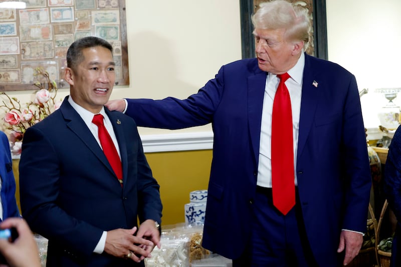 President Donald Trump speaks alongside Republican candidate for U.S. Senate in Virginia Hung Cao at the Truong Tien Restaurant in the Eden Center on August 26, 2024 in Falls Church, Virginia.