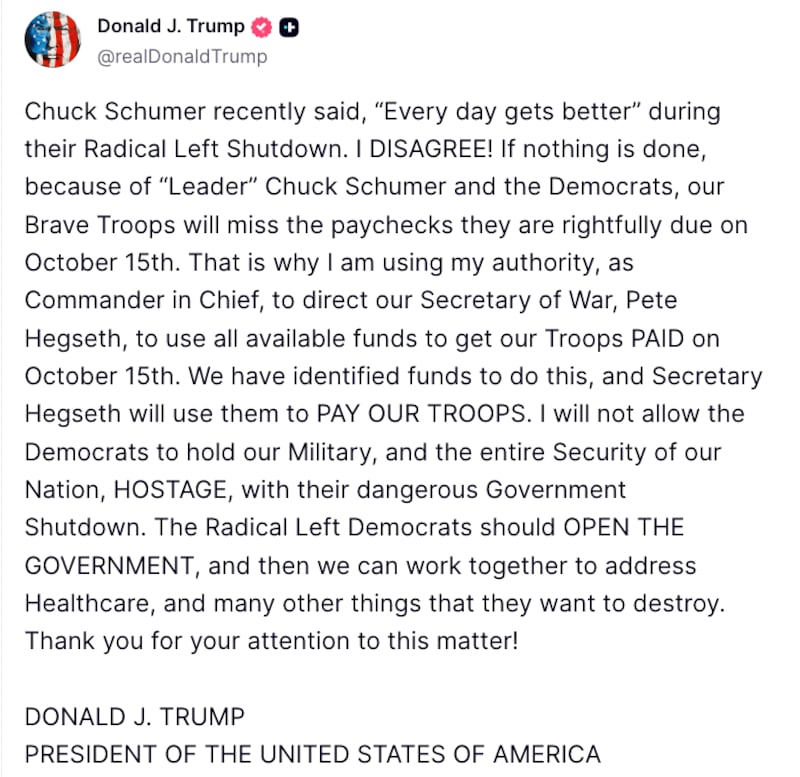 Donald Trump Truth Social post