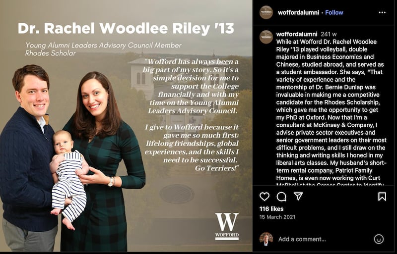 Rachel Riley worked for DOGE before being appointed to a top job at the Pentagon. She is a Wofford College alumni and was a Rhodes Scholar.