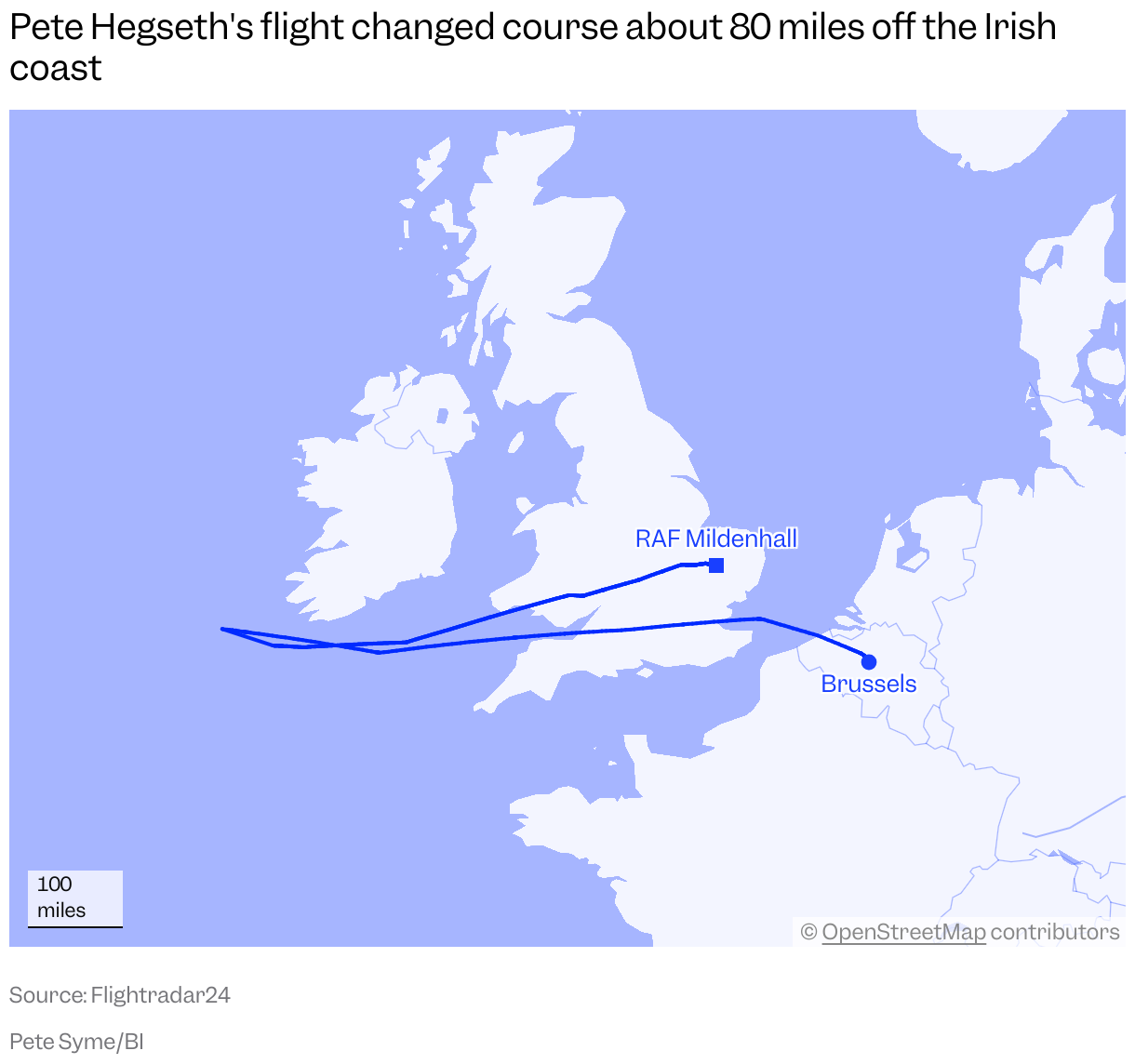 A map showing the flight path of a Boeing C-32A carrying Pete Hegseth on October 15, 2025, from Brussels, then diverting to RAF Mildenhall.