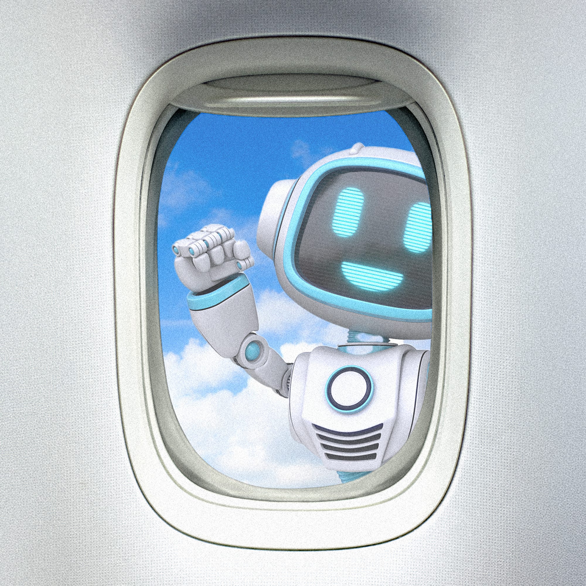 A robot outside an airplane window