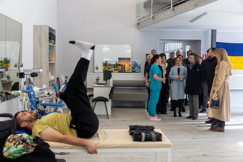 Princess Anne visits a physiotherapy session in a rehabilitation centre for Ukrainian war veterans