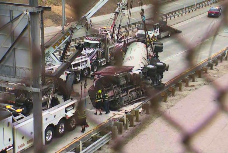 Propane tanker overturns in Boyle Heights, closes parts of 5 Freeway