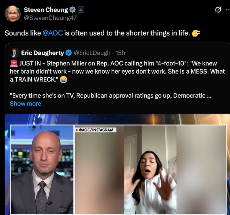 Steven Cheung's vulgar response on X to AOC's diss of Miller.